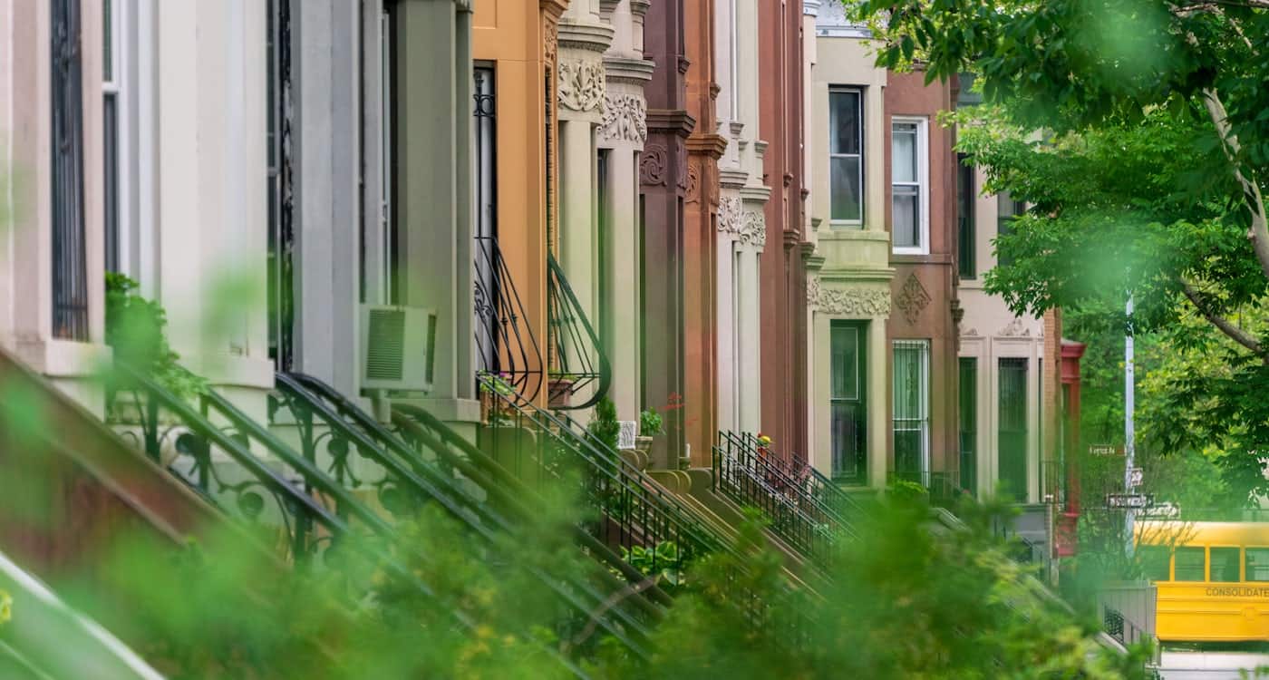 Brownstone-lined commercial street in brownstone Brooklyn, a short walk north of Carroll Gardens