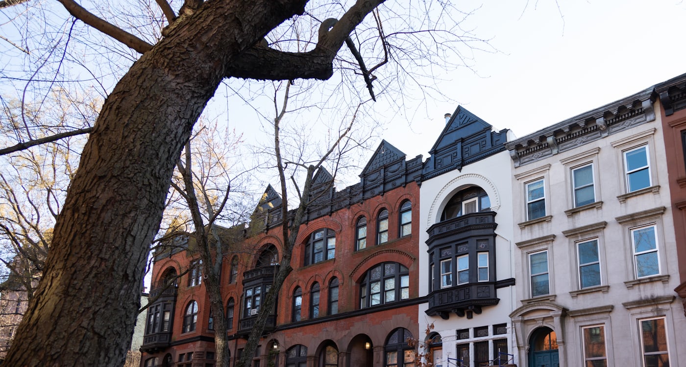 A tree-lined Clinton Hill block of brownstones near the Classon Avenue G stop